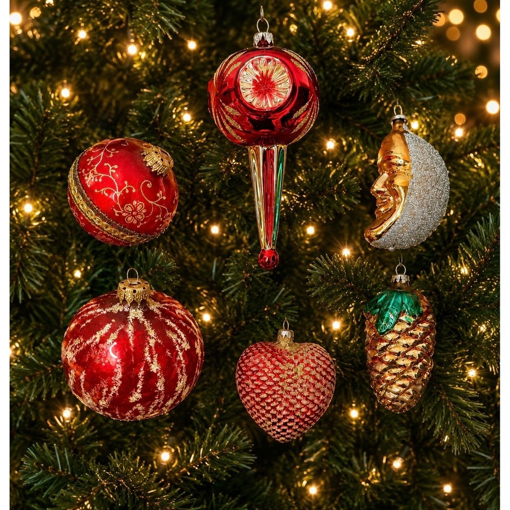 Vintage West Germany Glass Christmas Ornaments Moon Face Pinecone Heart Round